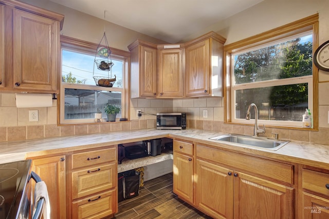 kitchen featuring a sink, stainless steel microwave, butcher block countertops, tasteful backsplash, and dark wood-type flooring