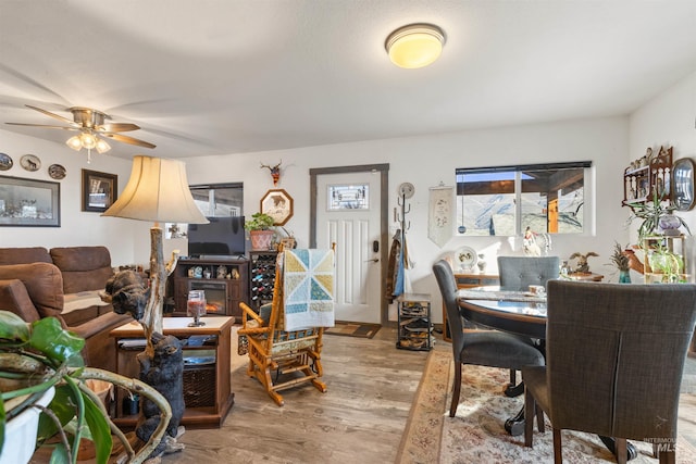 dining area featuring ceiling fan and light wood-type flooring