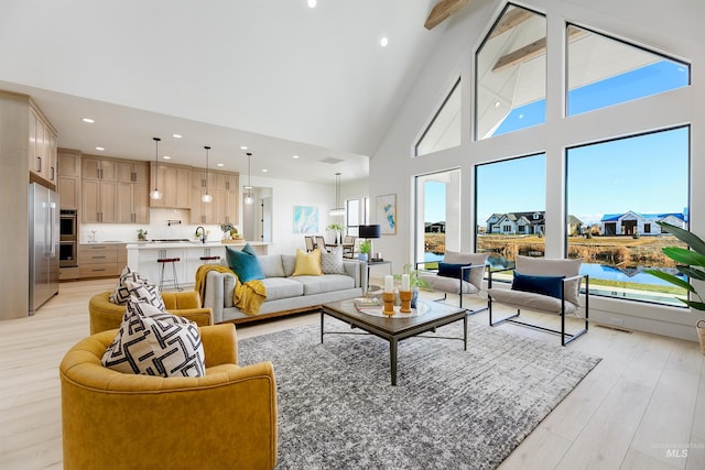 living room featuring light hardwood / wood-style flooring and high vaulted ceiling