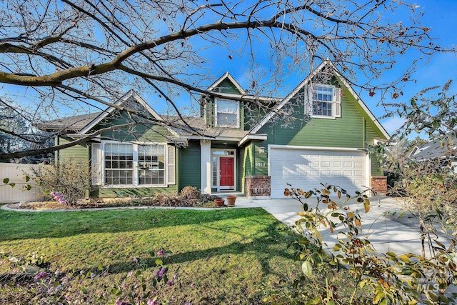 craftsman-style home with a garage and a front lawn