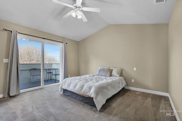 bedroom with ceiling fan, carpet floors, a textured ceiling, lofted ceiling, and access to outside