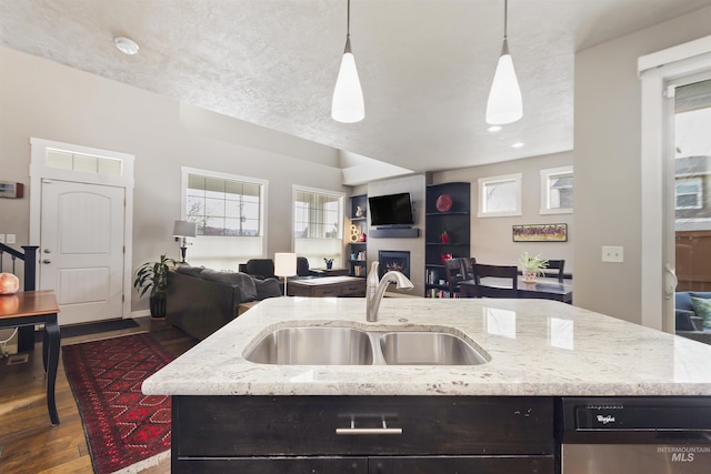 kitchen featuring a fireplace, stainless steel dishwasher, dark wood-type flooring, open floor plan, and a sink