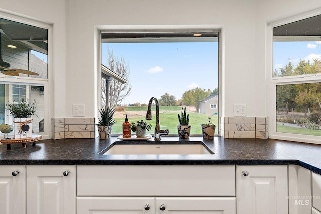 kitchen with a healthy amount of sunlight, a sink, and white cabinets