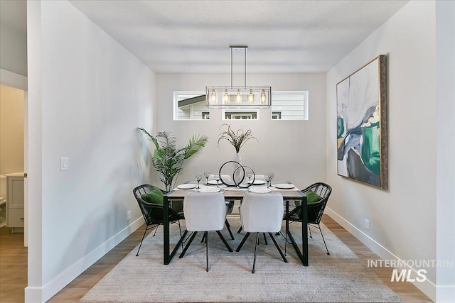 dining room featuring wood finished floors, baseboards, and a textured ceiling