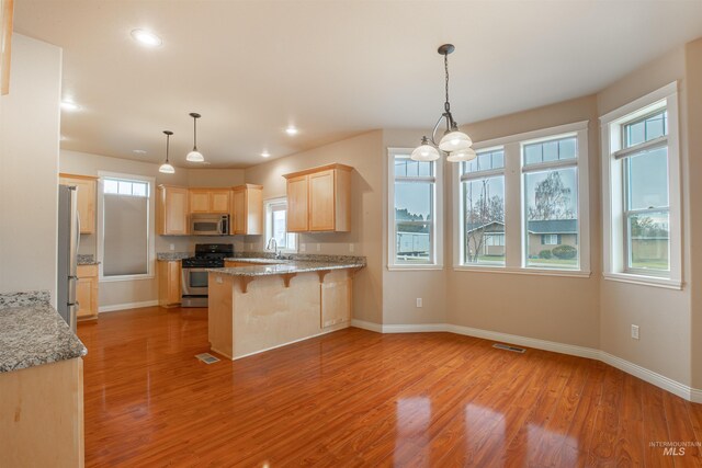 kitchen with a chandelier, pendant lighting, light hardwood / wood-style flooring, and appliances with stainless steel finishes