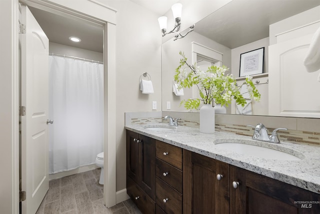 5826 E Playwright St, Boise, ID 83716 - full bath with double vanity, backsplash, and a shower with curtain