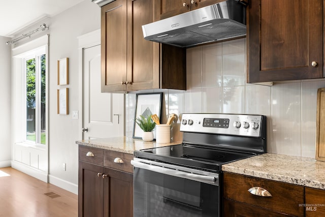5826 E Playwright St, Boise, ID 83716 - kitchen featuring stainless steel range with electric stovetop, extractor fan, dark brown cabinets, and light wood-style floors