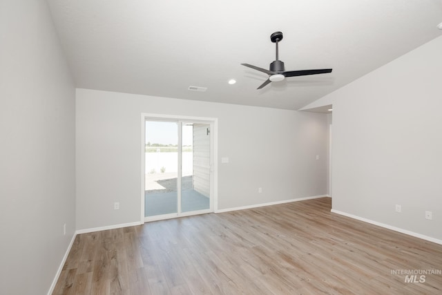 unfurnished room featuring ceiling fan and light hardwood / wood-style flooring