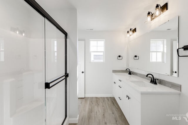 4353 N Magical Creek Ave, Meridian, ID 83646 - bathroom featuring a shower stall, wood finished floors, a sink, and a healthy amount of sunlight