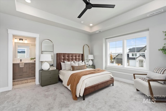4716 N Camp Creek Ave, Meridian, ID 83646 - bedroom with recessed lighting, a tray ceiling, visible vents, light carpet, and baseboards
