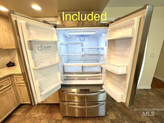 details with recessed lighting, backsplash, and fridge with ice dispenser