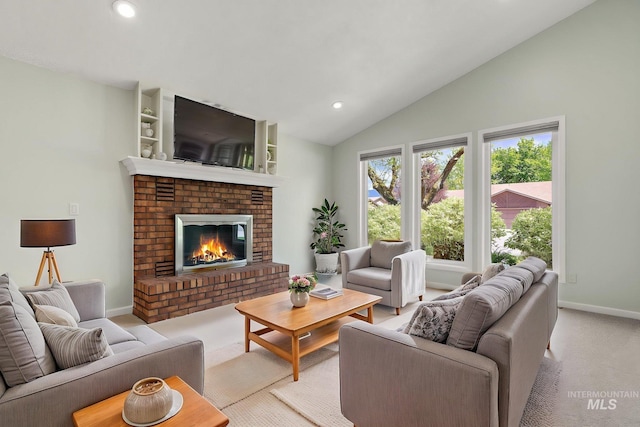 living room with a fireplace, baseboards, recessed lighting, carpet, and vaulted ceiling