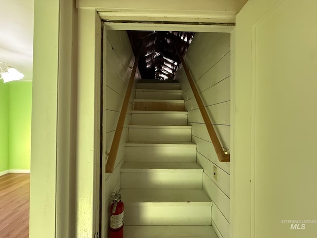 stairs with wooden walls and wood finished floors