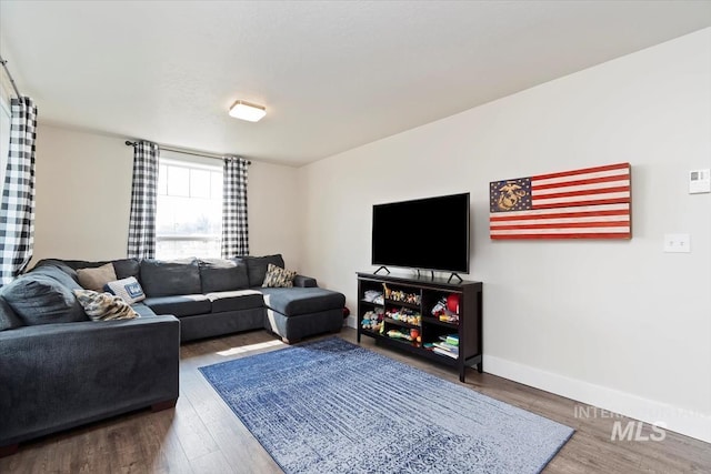 living room with dark hardwood / wood-style flooring