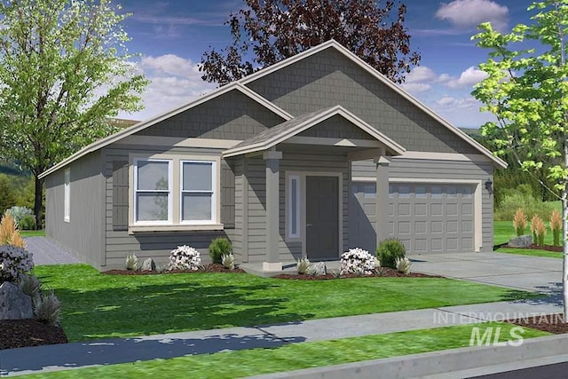 view of front of property with driveway, a front lawn, and an attached garage