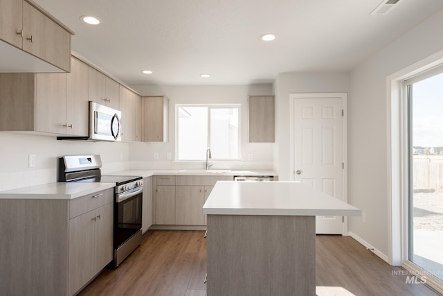 kitchen with a sink, plenty of natural light, appliances with stainless steel finishes, and light brown cabinetry