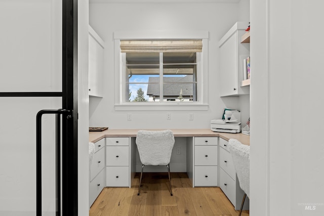 office featuring light wood-style floors and built in desk