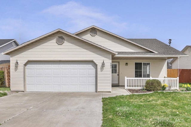 single story home featuring driveway, an attached garage, a front yard, a porch, and a shingled roof