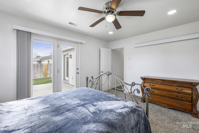 bedroom featuring recessed lighting, carpet flooring, visible vents, access to exterior, and ceiling fan