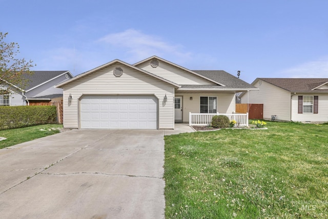 ranch-style house with an attached garage, covered porch, a front yard, and concrete driveway