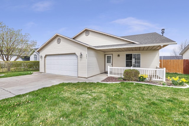 ranch-style house with covered porch, a garage, fence, driveway, and roof with shingles