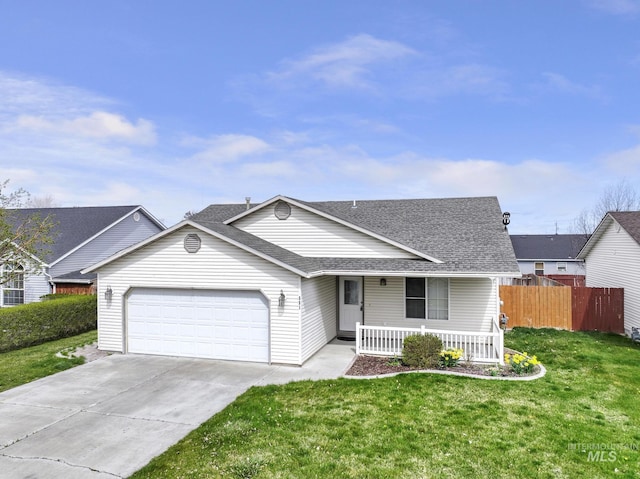 ranch-style home featuring roof with shingles, driveway, an attached garage, a porch, and fence