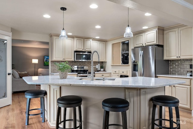 4545 N Columbine St, Boise, ID 83646 - kitchen with appliances with stainless steel finishes, a sink, backsplash, light wood-style floors, and recessed lighting