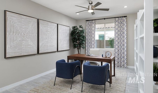 8929 W Reyonlds Creek St, Star, ID 83669 - dining area featuring a ceiling fan, a desk, wood finished floors, baseboards, and recessed lighting