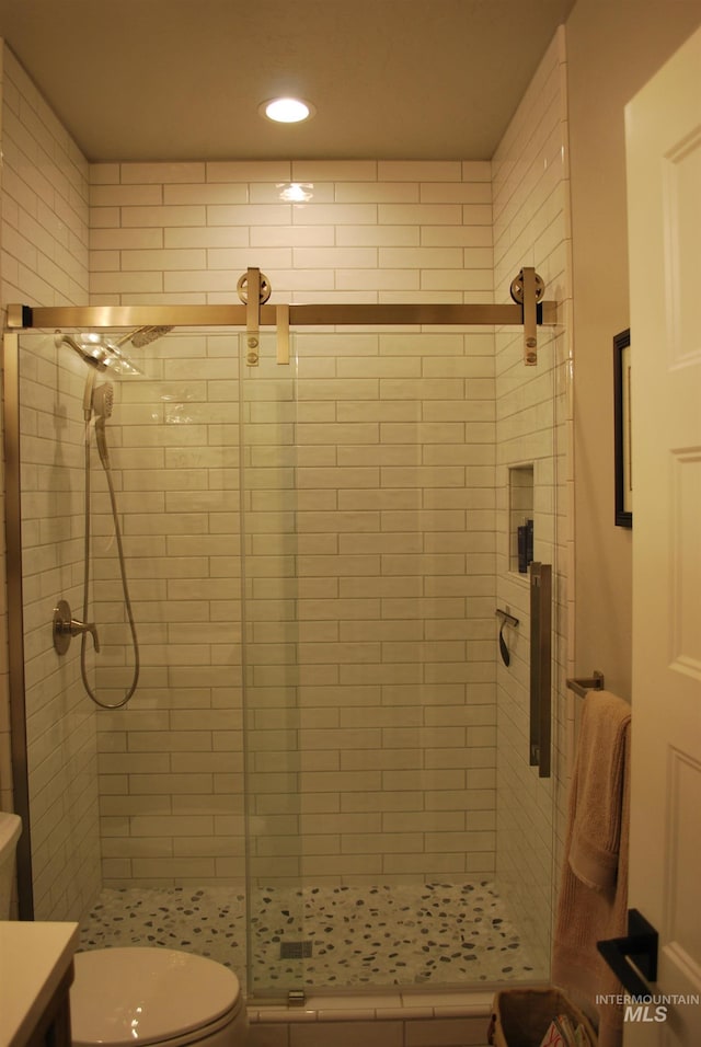 bathroom with toilet and a stall shower