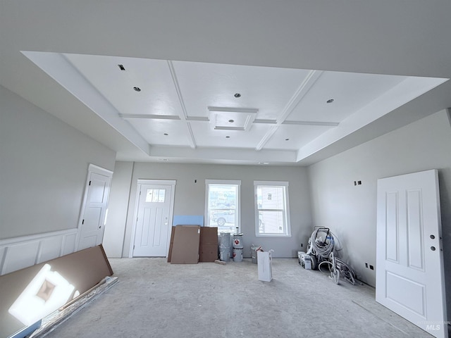 miscellaneous room featuring beamed ceiling and coffered ceiling