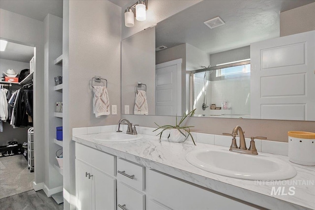 bathroom featuring double vanity, a shower stall, a spacious closet, and a sink