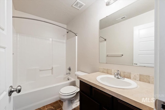 full bathroom with tub / shower combination, visible vents, toilet, and vanity