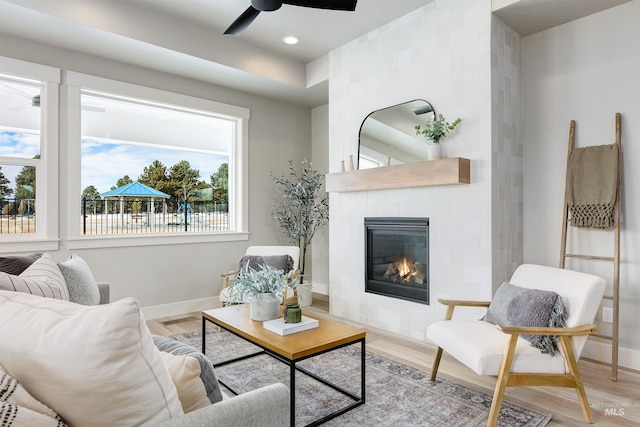 652 N Morning Glory, Eagle, ID 83616 - living area with baseboards, a fireplace, wood finished floors, and a ceiling fan