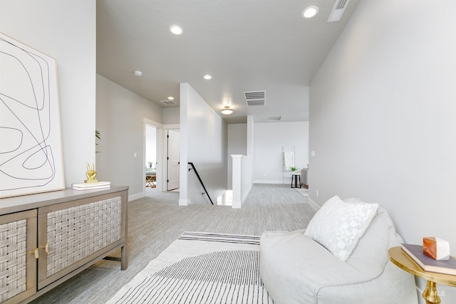 652 N Morning Glory, Eagle, ID 83616 - living area with an upstairs landing, carpet floors, baseboards, visible vents, and recessed lighting