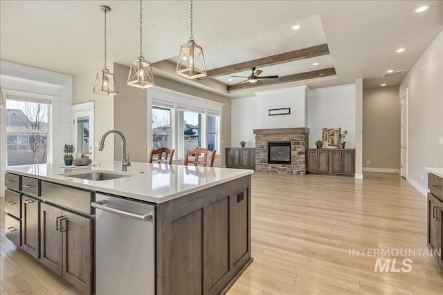 kitchen with light wood-type flooring, a healthy amount of sunlight, a fireplace, and a sink