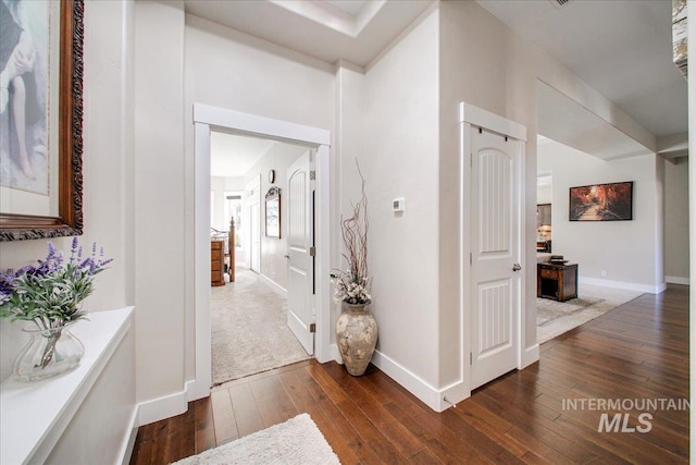 hallway with dark hardwood / wood-style floors