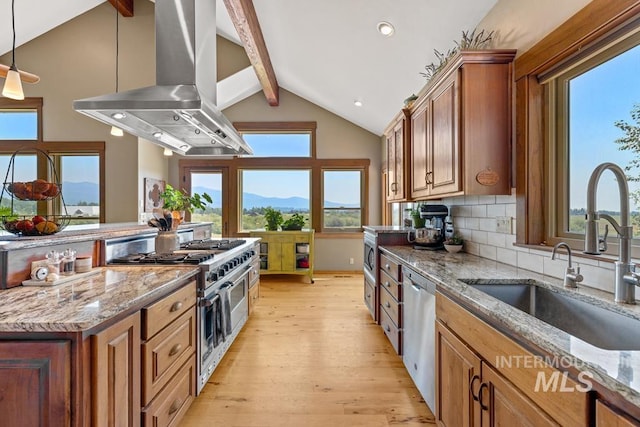 41 Knob Hill Dr, Mccall, ID 83638 - kitchen featuring island range hood, stainless steel appliances, a sink, light wood finished floors, and brown cabinets
