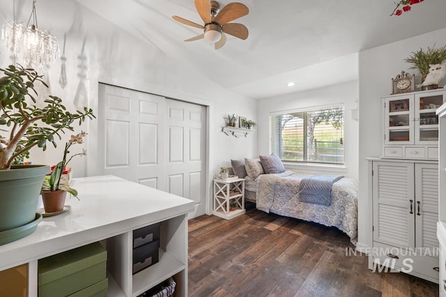 41 Knob Hill Dr, Mccall, ID 83638 - bedroom with dark wood finished floors, vaulted ceiling, a closet, recessed lighting, and ceiling fan