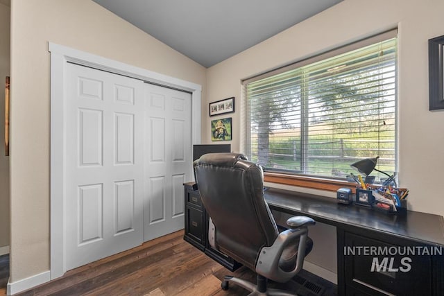 41 Knob Hill Dr, Mccall, ID 83638 - office space with lofted ceiling and dark wood-style flooring