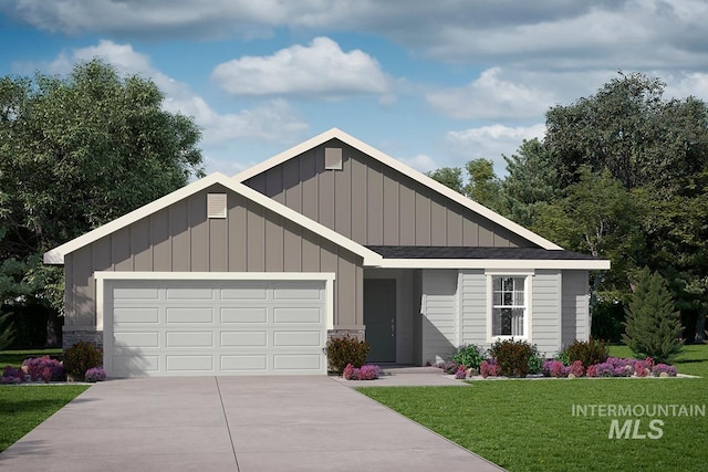 view of front facade featuring driveway, board and batten siding, a front yard, an attached garage, and stone siding