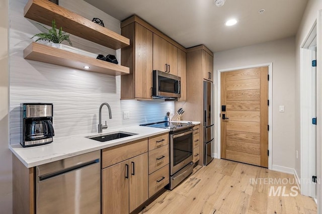 kitchen with appliances with stainless steel finishes, a sink, light wood-style floors, open shelves, and backsplash