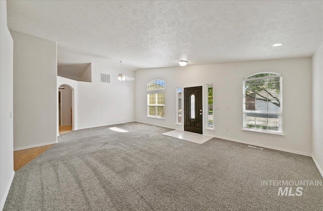 431 N David Frost St, Nampa, ID 83651 - carpeted entrance foyer with a textured ceiling, healthy amount of natural light, arched walkways, baseboards, and ceiling fan