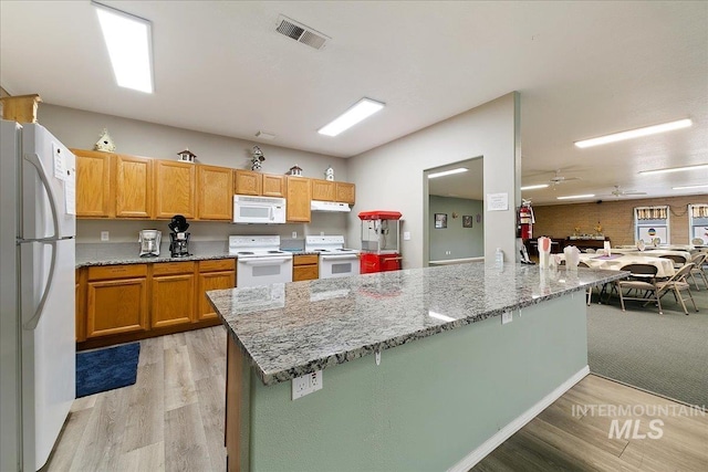 431 N David Frost St, Nampa, ID 83651 - kitchen with white appliances, light wood-style flooring, under cabinet range hood, and a peninsula