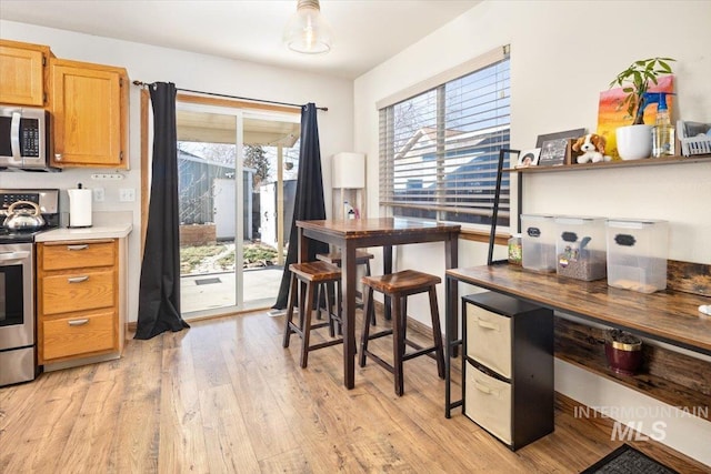 kitchen with light hardwood / wood-style floors and appliances with stainless steel finishes