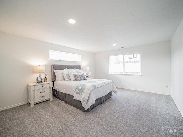 bedroom with carpet flooring and a textured ceiling