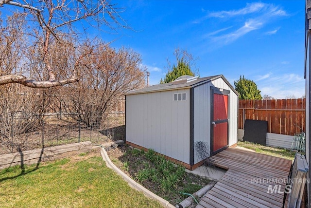 view of shed with a fenced backyard