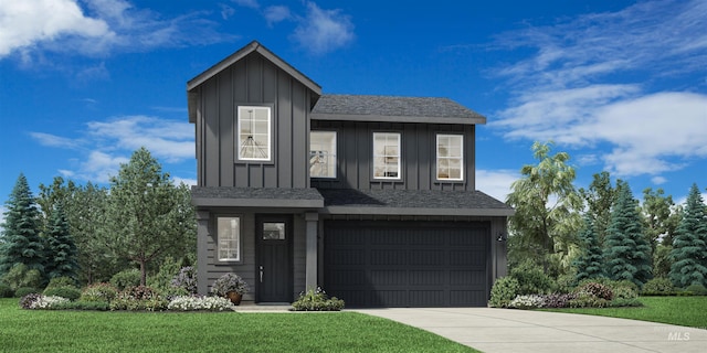 view of front facade featuring an attached garage, board and batten siding, concrete driveway, and a front lawn