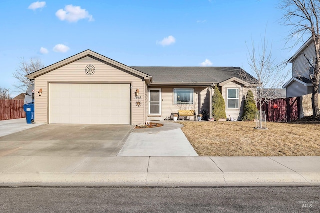 single story home featuring a garage, driveway, and fence