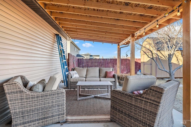 view of patio with a fenced backyard and outdoor lounge area