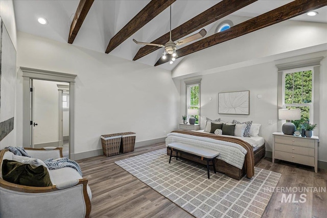 25580 Gooseberry Ln, Caldwell, ID 83607 - bedroom with beamed ceiling, baseboards, high vaulted ceiling, wood finished floors, and a ceiling fan